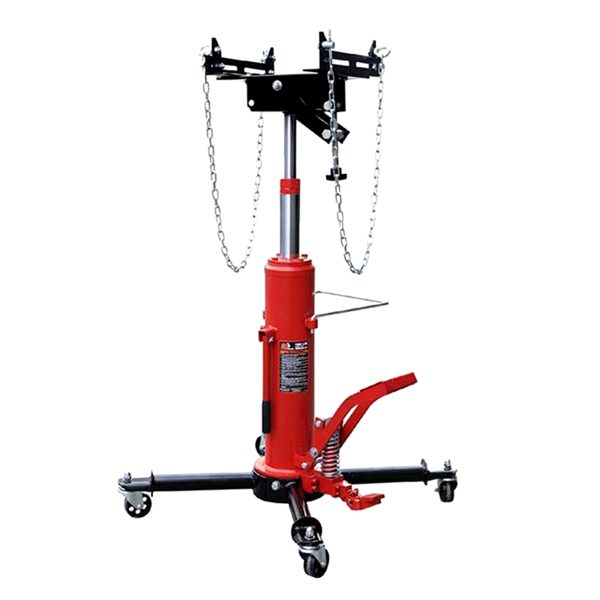 Half-ton chain gearbox jack for safely lifting and removing gearboxes in light and medium vehicles, with adjustable height and hydraulic lock for professional workshop use