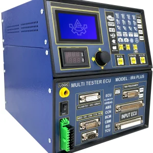 A multi-functional electronic testing device labeled "MULTI TESTER ECU MODEL: IR4 PLUS." It is used for diagnosing and programming electronic control units (ECUs) in vehicles. The front panel features various connectors for ECU types including ABS, airbag, immobilizer, and transmission control units. It also has a digital display showing voltage and current readings, a rotary knob, buttons for power control, and an area labeled "TNM PROGRAMMER" for additional functionality.