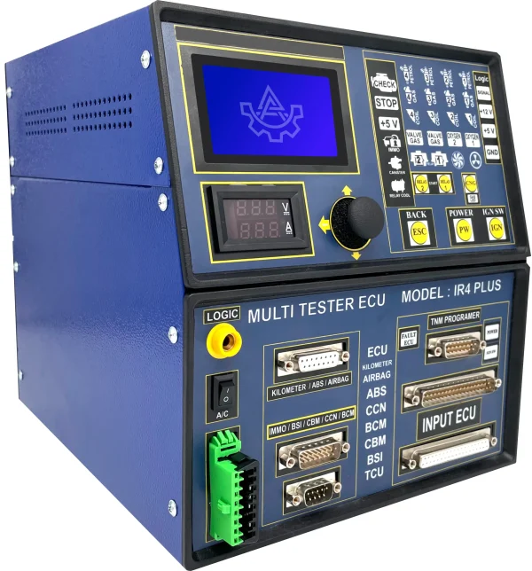 A multi-functional electronic testing device labeled "MULTI TESTER ECU MODEL: IR4 PLUS." It is used for diagnosing and programming electronic control units (ECUs) in vehicles. The front panel features various connectors for ECU types including ABS, airbag, immobilizer, and transmission control units. It also has a digital display showing voltage and current readings, a rotary knob, buttons for power control, and an area labeled "TNM PROGRAMMER" for additional functionality.