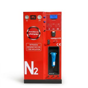 A red nitrogen generator machine designed for tire inflation, equipped with multiple pressure gauges labeled "N2 PRESSURE" and "AIR PRESSURE." The machine features a digital display showing various readings, including "0000" and "36.0," along with operational buttons such as "STOP" and "START." A circular logo with "MOTORSCAN" branding and Arabic text is visible. Additionally, the machine includes bilingual labels, a CE mark for European compliance, and an illustration depicting different vehicle types.