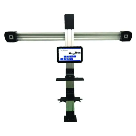 A vehicle alignment system with a vertical metal column and a horizontal bar at the top, featuring square-shaped components likely housing cameras or sensors