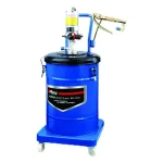 "A blue industrial pneumatic grease pump mounted on a wheeled cart. The pump features a pressure gauge, control handle, and hose for precise application. The large cylindrical container is labeled 'Model K11-541SF' and the brand name 'YUTU'. The cart has sturdy red wheels for easy mobility in industrial settings."