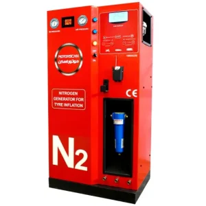 A red nitrogen generator machine for tire inflation, branded MOTOSCAN, with pressure gauges, a digital display, and various buttons and switches.