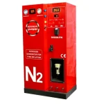 A red nitrogen generator machine used for tyre inflation. The machine features two pressure gauges labeled 'N2 Pressure' and 'Air Pressure', a digital display showing '36.0', and a smaller display showing '30'. The machine is labeled 'MOTORSCAN' and '1690A/FN'. There is a label that reads 'NITROGEN GENERATOR FOR TYRE INFLATION' and a large 'N2' at the bottom. The machine also has a CE mark indicating compliance with European standards