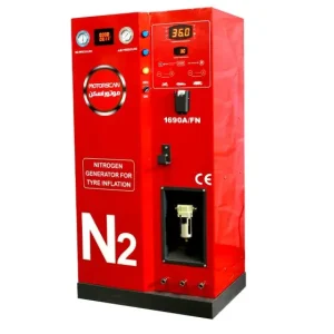 A red nitrogen generator machine used for tyre inflation. The machine features two pressure gauges labeled 'N2 Pressure' and 'Air Pressure', a digital display showing '36.0', and a smaller display showing '30'. The machine is labeled 'MOTORSCAN' and '1690A/FN'. There is a label that reads 'NITROGEN GENERATOR FOR TYRE INFLATION' and a large 'N2' at the bottom. The machine also has a CE mark indicating compliance with European standards