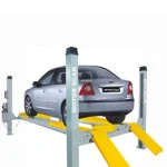 The car device in the image is a four-post car lift, specifically labeled with "MOTOR SCAN." This type of lift is commonly used in automotive repair shops for vehicle maintenance and inspections, providing easy access to the underside of the car for diagnostics and repairs.