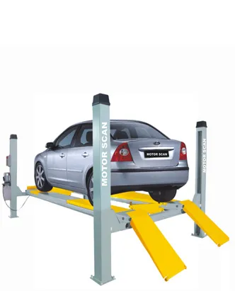 The car device in the image is a four-post car lift, specifically labeled with "MOTOR SCAN." This type of lift is commonly used in automotive repair shops for vehicle maintenance and inspections, providing easy access to the underside of the car for diagnostics and repairs.