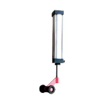 it shows a mechanical device that appears to be a linear actuator or a pneumatic/hydraulic cylinder. The device consists of a cylindrical body with a rod extending from one end. The rod is connected to a red bracket that is attached to a pair of black wheels. The cylindrical body has black end caps on both ends. This type of device is commonly used in various industrial and mechanical applications to provide controlled linear motion.