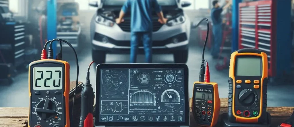 The image features a poster titled 'Best Diagnostic Tools for Cars,' designed for the website www.motorscankhodro.com.The poster includes images of various top-rated car diagnostic tools, such as Autel Scanner MaxiCOM MK808S, Innova 5610 Bidirectional Scan Tool, Autel Maxisys MS906BT, Launch OBD2 Scanner CRP129E, and BlueDriver Bluetooth Pro. Each tool is displayed with a brief description highlighting its key features and benefits. The background of the poster includes elements of car workshops and repair equipment, providing a professional and automotive-themed visual appeal