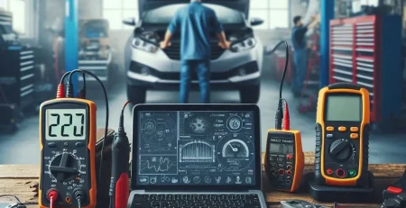 The image features a poster titled 'Best Diagnostic Tools for Cars,' designed for the website www.motorscankhodro.com.The poster includes images of various top-rated car diagnostic tools, such as Autel Scanner MaxiCOM MK808S, Innova 5610 Bidirectional Scan Tool, Autel Maxisys MS906BT, Launch OBD2 Scanner CRP129E, and BlueDriver Bluetooth Pro. Each tool is displayed with a brief description highlighting its key features and benefits. The background of the poster includes elements of car workshops and repair equipment, providing a professional and automotive-themed visual appeal