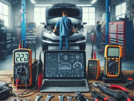 The image features a poster titled 'Best Diagnostic Tools for Cars,' designed for the website www.motorscankhodro.com.The poster includes images of various top-rated car diagnostic tools, such as Autel Scanner MaxiCOM MK808S, Innova 5610 Bidirectional Scan Tool, Autel Maxisys MS906BT, Launch OBD2 Scanner CRP129E, and BlueDriver Bluetooth Pro. Each tool is displayed with a brief description highlighting its key features and benefits. The background of the poster includes elements of car workshops and repair equipment, providing a professional and automotive-themed visual appeal