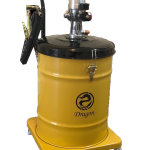 A yellow industrial drum labeled 'Dragon,' equipped with a black lid and attached components such as hoses, valves, and a pressurized system. Mounted on a wheeled base, the drum appears designed for transporting and dispensing liquids, possibly used in industrial or agricultural applications
