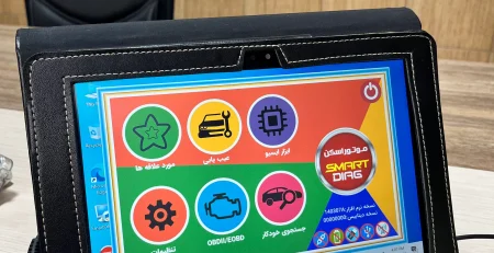 interface with six circular icons labeled in Persian. The icons represent various functionalities related to vehicle diagnostics, including Smart Diag Modulation, Scanner Tool, Troubleshooting, OBDII/OBD Vehicle Search, Favorites, and Settings. In the background, a black chair is partially visible