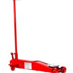 A sturdy red hydraulic floor jack with a long black handle, designed for lifting vehicles. It has four small wheels for maneuverability, a lifting pad for secure placement, and a lever mechanism for operation. A label with specifications is attached to the side.