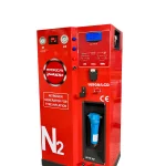 A red nitrogen generator machine designed for tire inflation, equipped with multiple pressure gauges labeled "N2 PRESSURE" and "AIR PRESSURE." The machine features a digital display showing various readings, including "0000" and "36.0," along with operational buttons such as "STOP" and "START." A circular logo with "MOTORSCAN" branding and Arabic text is visible. Additionally, the machine includes bilingual labels, a CE mark for European compliance, and an illustration depicting different vehicle types.