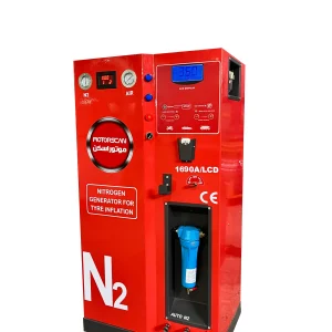 A red nitrogen generator machine designed for tire inflation, equipped with multiple pressure gauges labeled "N2 PRESSURE" and "AIR PRESSURE." The machine features a digital display showing various readings, including "0000" and "36.0," along with operational buttons such as "STOP" and "START." A circular logo with "MOTORSCAN" branding and Arabic text is visible. Additionally, the machine includes bilingual labels, a CE mark for European compliance, and an illustration depicting different vehicle types.