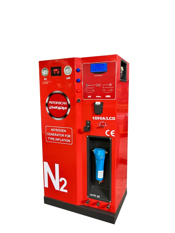 A red nitrogen generator machine designed for tire inflation, equipped with multiple pressure gauges labeled "N2 PRESSURE" and "AIR PRESSURE." The machine features a digital display showing various readings, including "0000" and "36.0," along with operational buttons such as "STOP" and "START." A circular logo with "MOTORSCAN" branding and Arabic text is visible. Additionally, the machine includes bilingual labels, a CE mark for European compliance, and an illustration depicting different vehicle types.